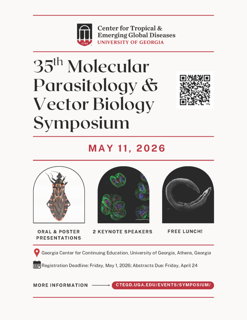Flyer for the 35th Molecular Parasitology & Vector Biology Symposium on May 11, 2026, at the University of Georgia, featuring presentations, keynote speakers, and free lunch.