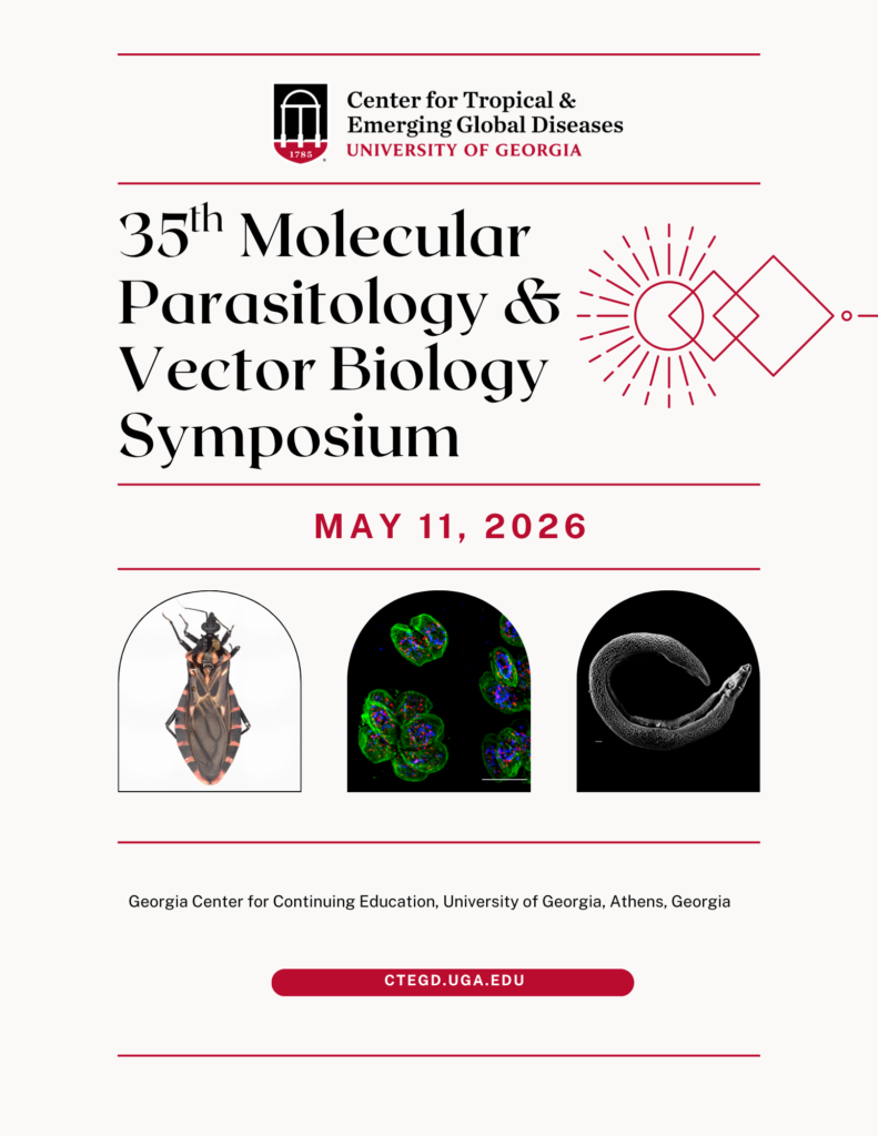 Symposium abstract book cover for the 35th Molecular Parasitology & Vector Biology Symposium on May 11, 2026, at the University of Georgia, featuring scientific images of insects, cells, and a worm.