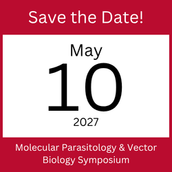 Red and white graphic reads Save the Date! May 10, 2027. Molecular Parasitology & Vector Biology Symposium..